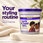 A tub of ORS Lock & Twist Gel styled on a stone slab with a soft neutral background and promotional text reading 'Your styling routine' and 'Lock & Twist Gel.' The product container is white with a purple lid and a cream label featuring purple text and a photo of two women.