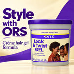 A tub of ORS Lock & Twist Gel hair gel shown on a cream and purple graphic background with promotional text reading 'Style with ORS' and 'Crème hair gel formula.' The product container is white with a purple lid and a front label featuring the ORS brand and a photo of two women.