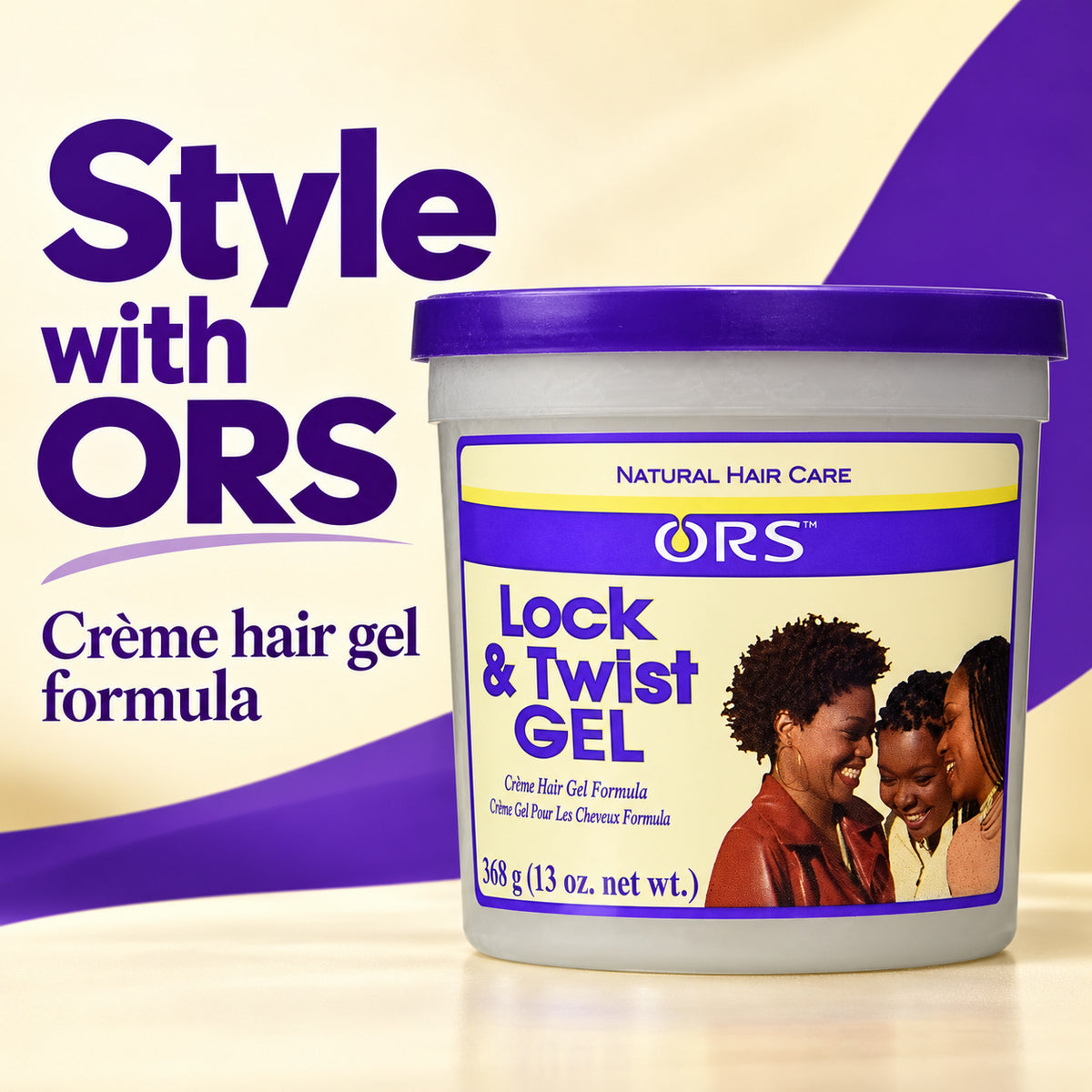A tub of ORS Lock & Twist Gel hair gel shown on a cream and purple graphic background with promotional text reading 'Style with ORS' and 'Crème hair gel formula.' The product container is white with a purple lid and a front label featuring the ORS brand and a photo of two women.