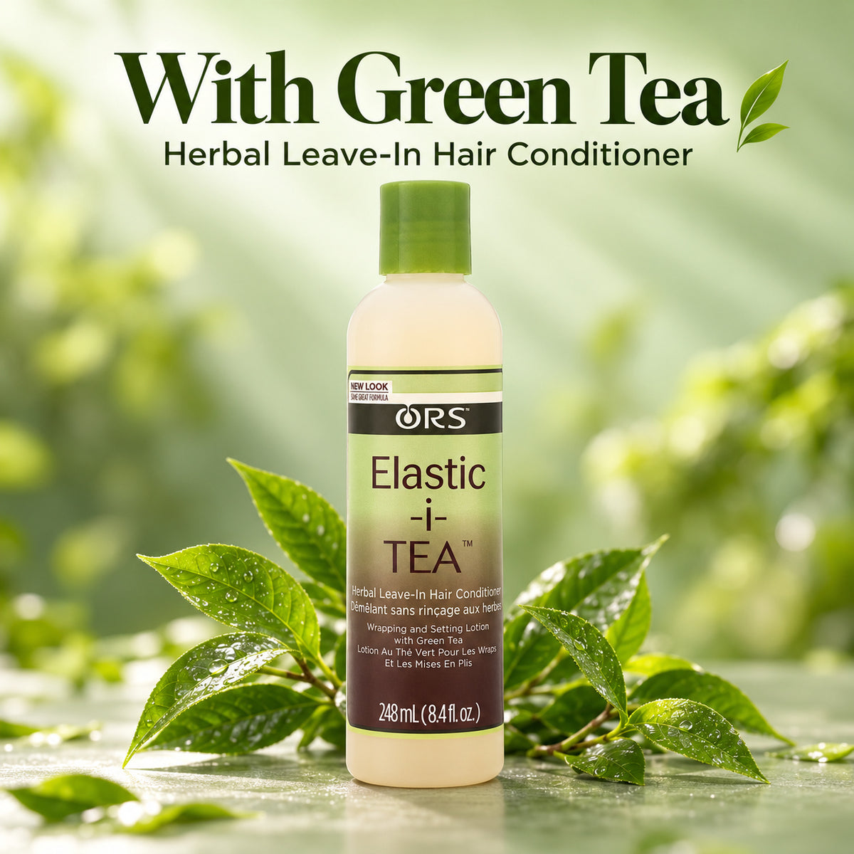 A bottle of ORS Elastic-i-Tea Herbal Leave-In Hair Conditioner is centered on a wet, green leafy surface with large green leaves framing it. Above the bottle, the text reads 'With Green Tea Herbal Leave-In Hair Conditioner.