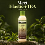 A bottle of ORS Elastic-i-TEA leave-in hair conditioner stands on a stone surface with green leaves in the background. Large text at the top reads 'Meet Elastic-i-TEA' and 'ORS • 248 ml'.