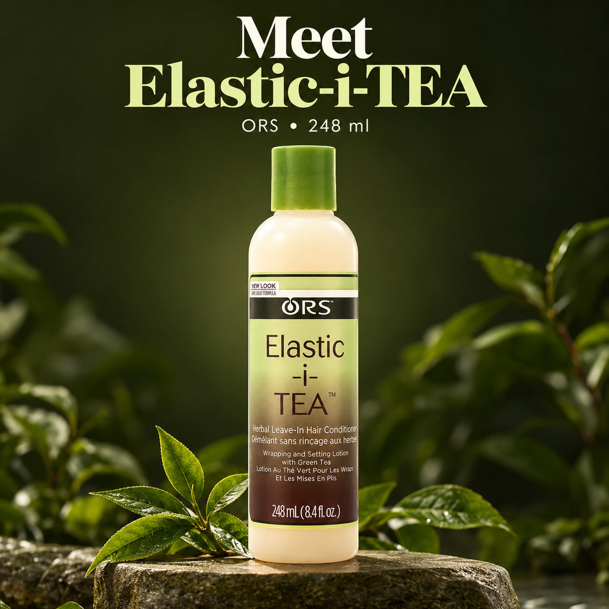 A bottle of ORS Elastic-i-TEA leave-in hair conditioner stands on a stone surface with green leaves in the background. Large text at the top reads 'Meet Elastic-i-TEA' and 'ORS • 248 ml'.