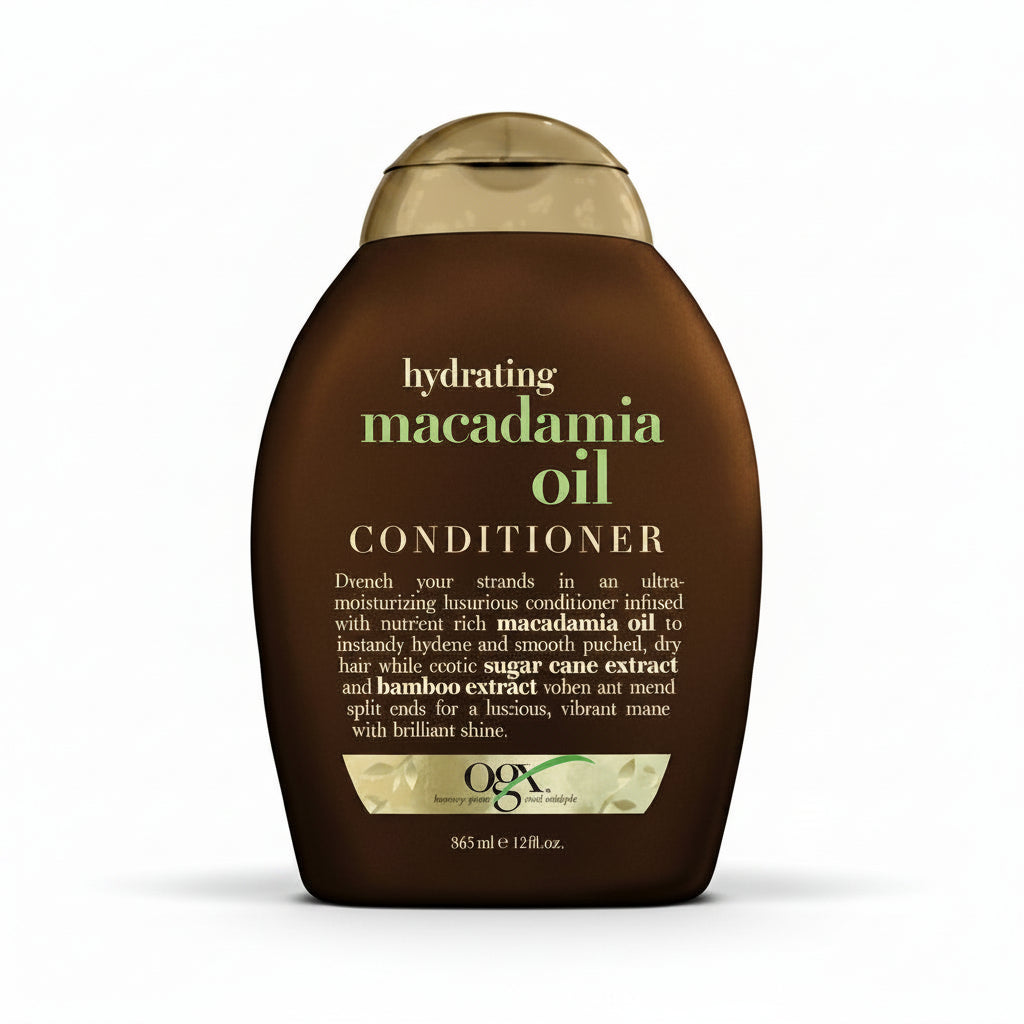 OGX hydrating macadamia oil conditioner bottle on a white background