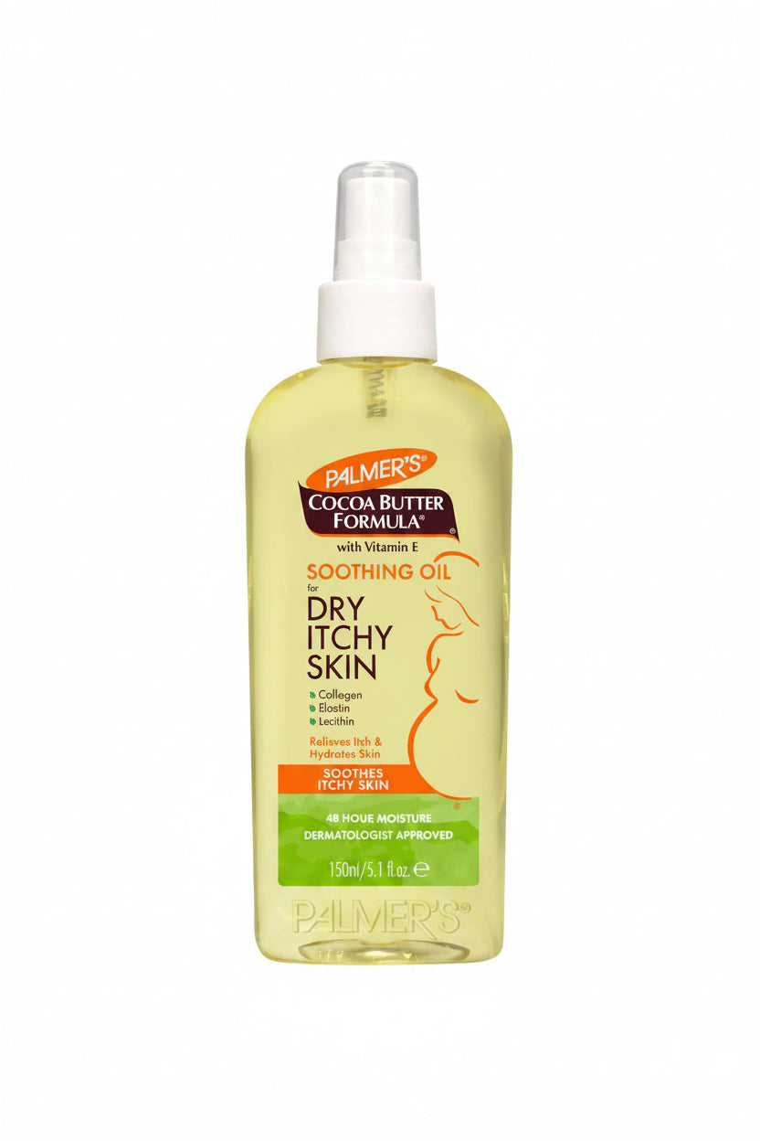 A bottle of Palmer's Cocoa Butter Formula Soothing Oil for dry and itchy skin, with a spray nozzle, 150ml.