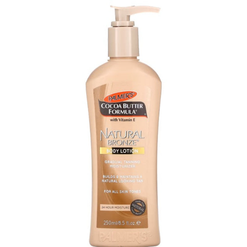 A pump bottle of Palmer's Cocoa Butter Natural Bronze Tan Lotion with the text 'Cocoa Butter Formula' and 'Natural Bronze' prominently displayed, indicating the brand and product line.