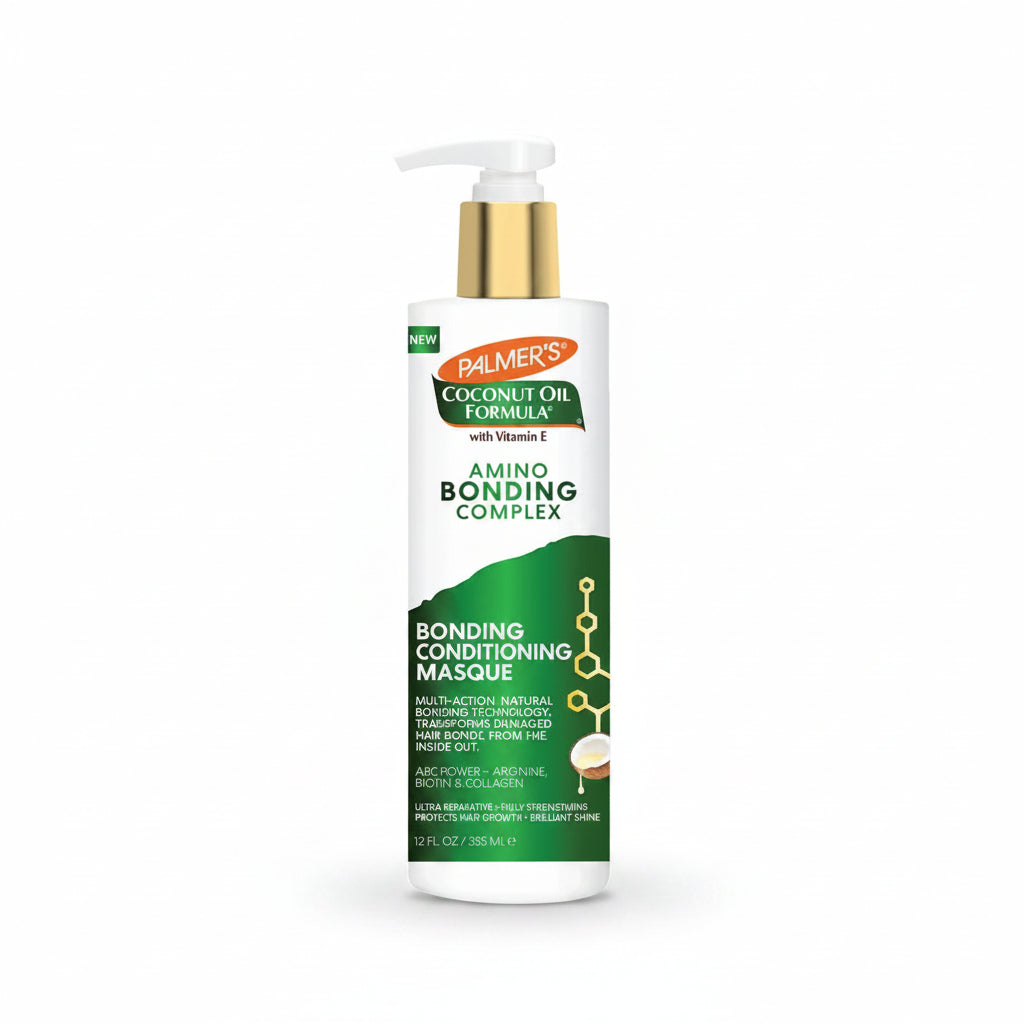 A 12 fl oz white bottle of Palmer's Coconut Oil Formula Amino Bonding Complex Bonding Conditioning Masque with a gold pump and green label, shown on a white background.