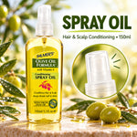 A bottle of Palmer's Olive Oil Formula Conditioning Spray Oil with Vitamin E, shown on a stone surface with olives and olive branches in the background. The image includes text reading 'SPRAY OIL' and 'Hair & Scalp Conditioning • 150ml', plus a circular inset showing the spray nozzle.