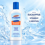 A bottle of Palmer's Skin Success Deep Cleansing Astringent with a blue cap, set against a water-splashed blue background with a circular callout that reads 'WITH EUCALYPTUS VITAMIN E & MENTHOL'.