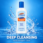 A bottle of Skin Success Deep Cleansing Astringent with a blue cap, set against a dynamic blue background with water splashes and text reading 'DEEP CLEANSING Facial Astringent • 250ml'.