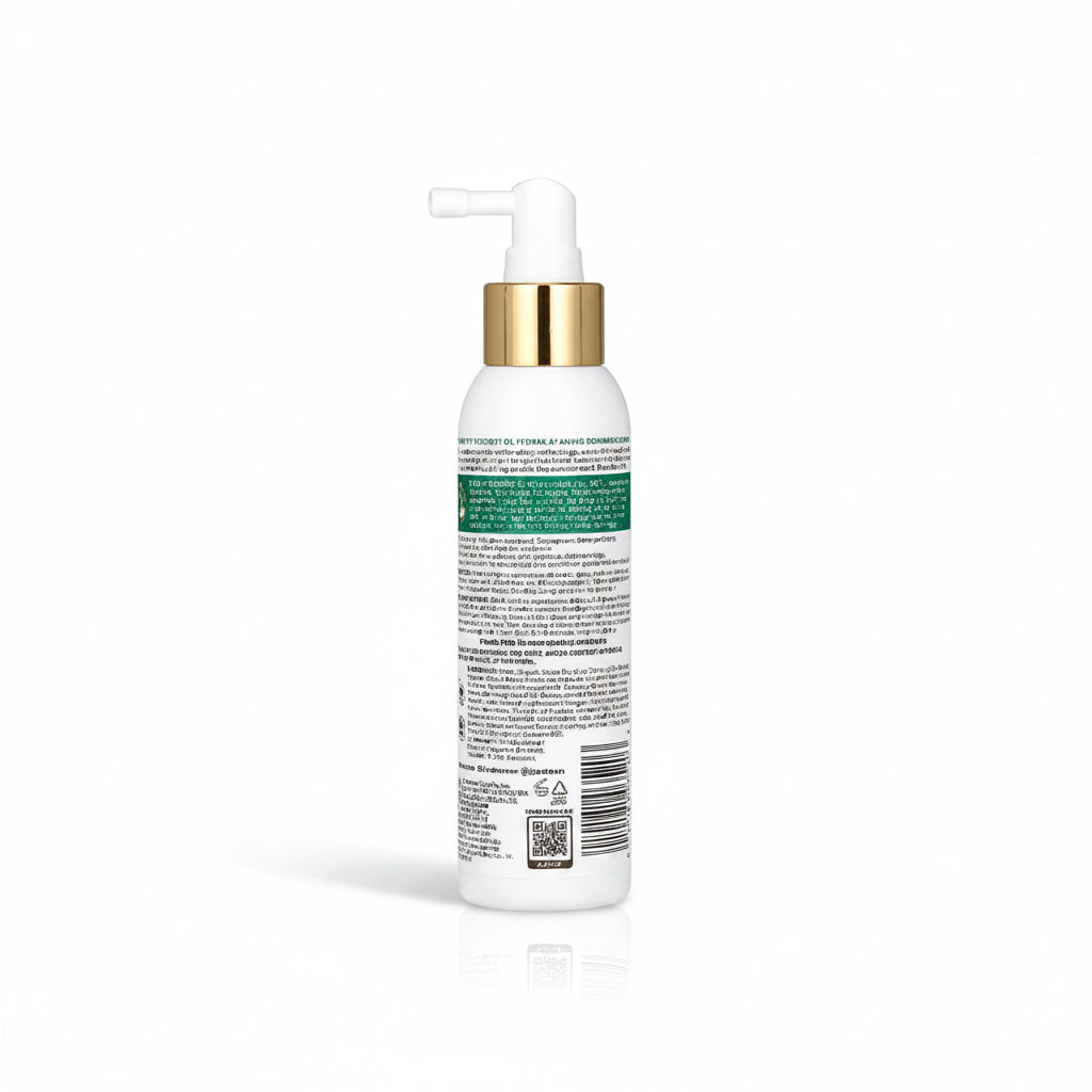 A white pump bottle of hair product with a metallic gold collar and a white applicator nozzle, shown from the back to display the text label. The label features a green band with product information.