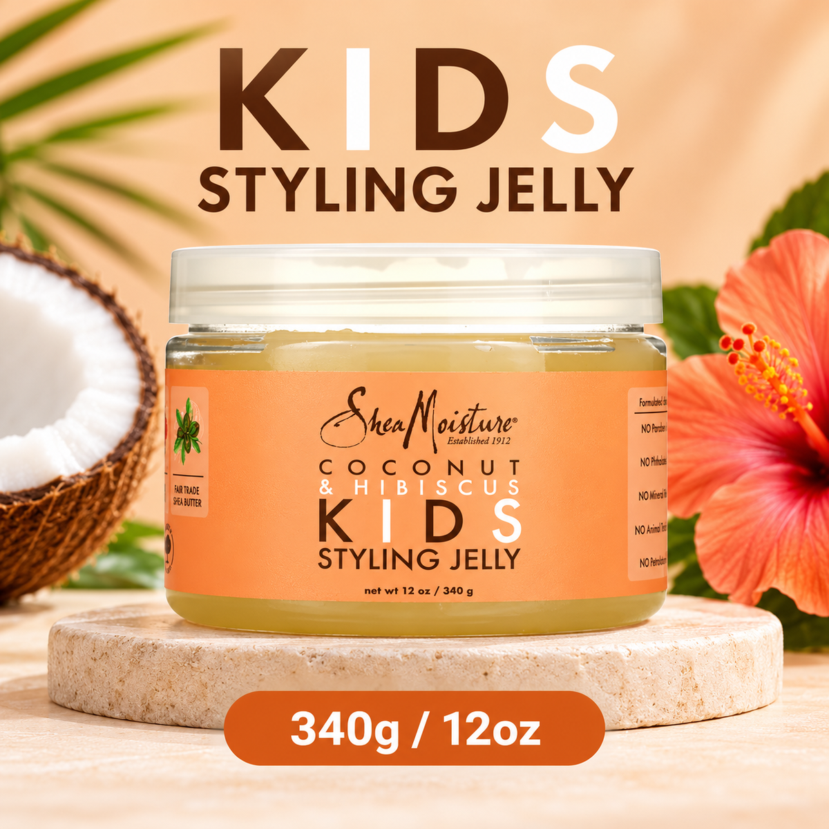 A jar of Shea Moisture Kids Styling Jelly in Coconut & Hibiscus scent, displayed on a stone pedestal with a coconut half, a hibiscus flower, and tropical leaves in the background. Text overlays read 'KIDS STYLING JELLY' and '340g / 12oz'.