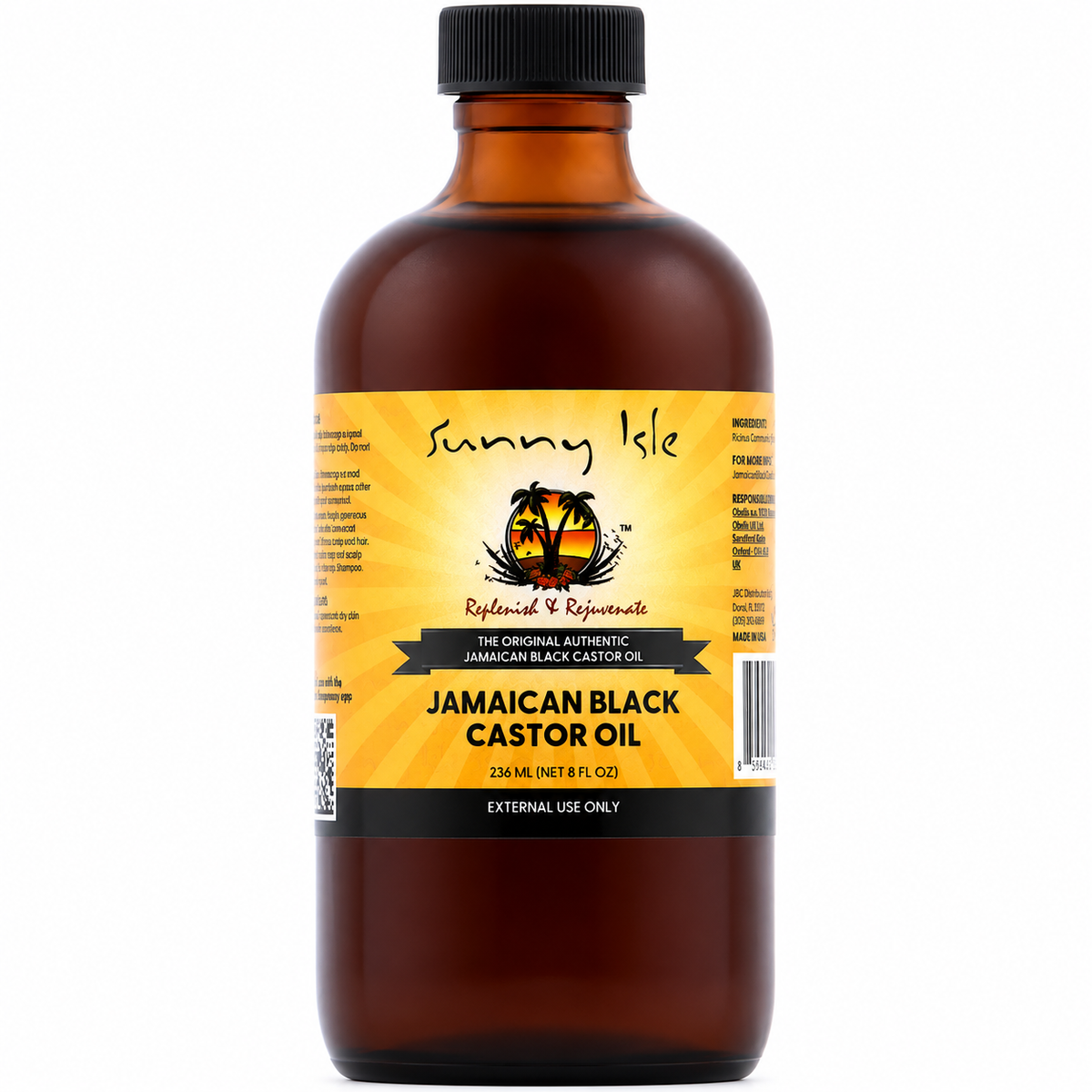A 230 mL amber glass bottle of Sunny Isle Jamaican Black Castor Oil with a black cap and a yellow label, shown on a plain white background.