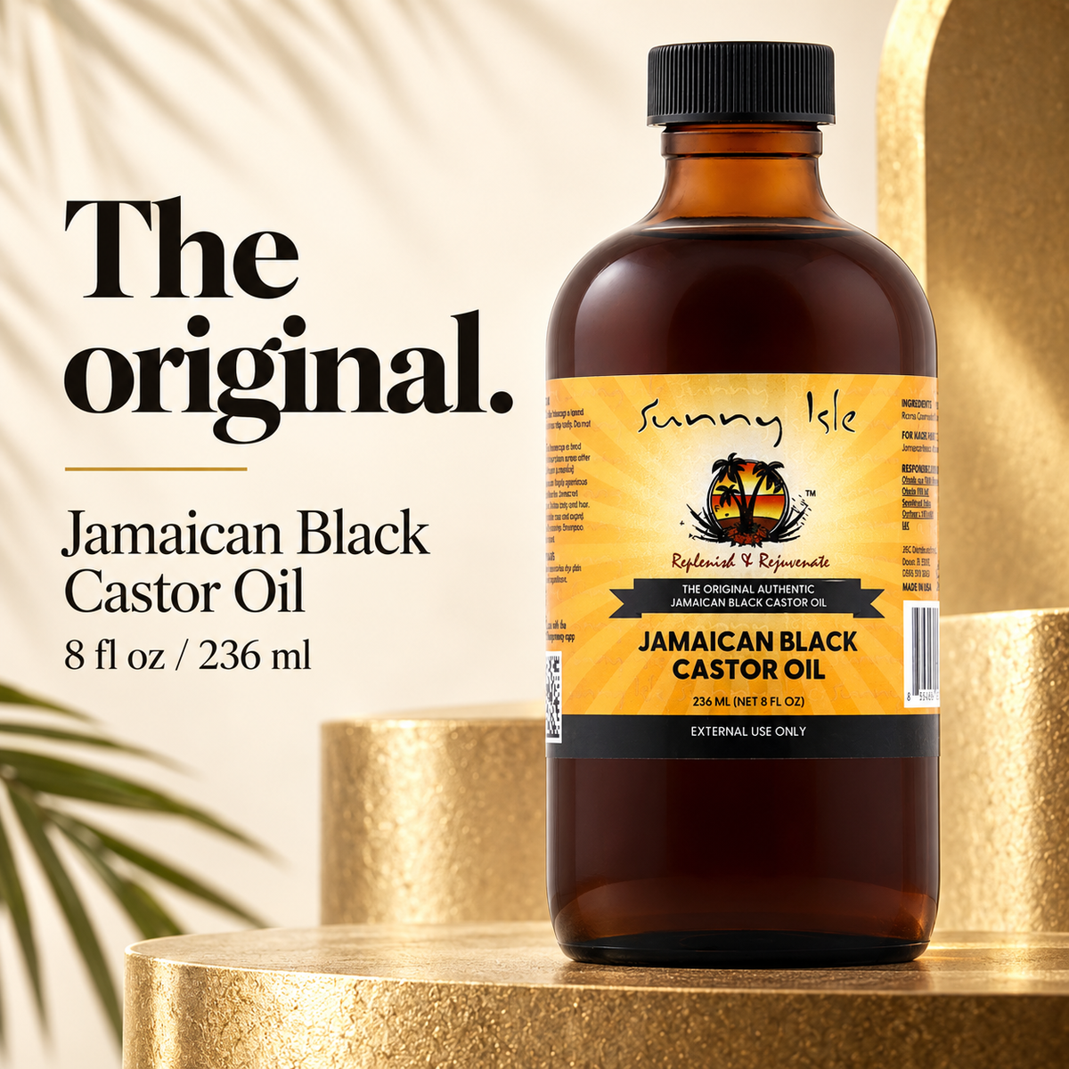 A bottle of Sunny Isle Jamaican Black Castor Oil stands on a gold pedestal with promotional text on the left. The product is an amber glass bottle with a black cap and a yellow-to-orange label featuring the Sunny Isle logo.