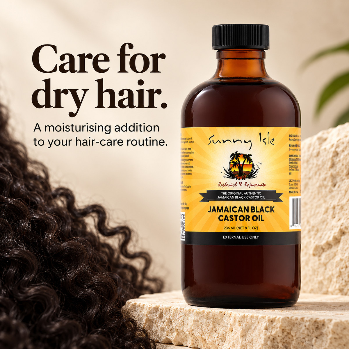 A bottle of Sunny Isle Jamaican Black Castor Oil placed on a stone surface next to curly dark hair, with promotional text on the left.