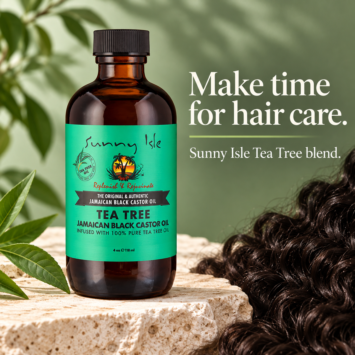 An amber glass bottle of Sunny Isle Tea Tree hair care oil with a bright green label, placed on a stone surface with tea tree leaves and a close-up of dark curly hair in the foreground. Text on the right reads, 'Make time for hair care.