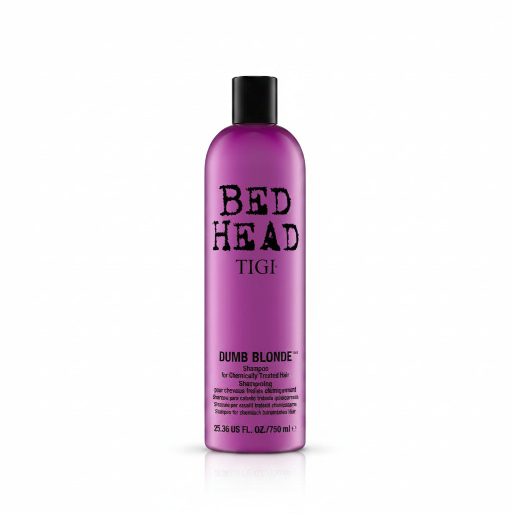 Purple shampoo bottle with black text on a white background