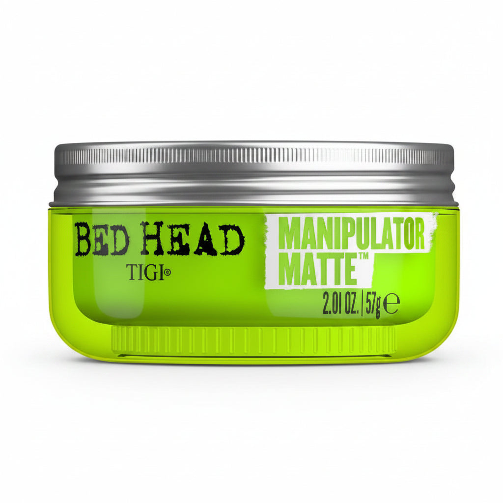 Green jar of TIGI Bed Head Manipulator Matte on a white background