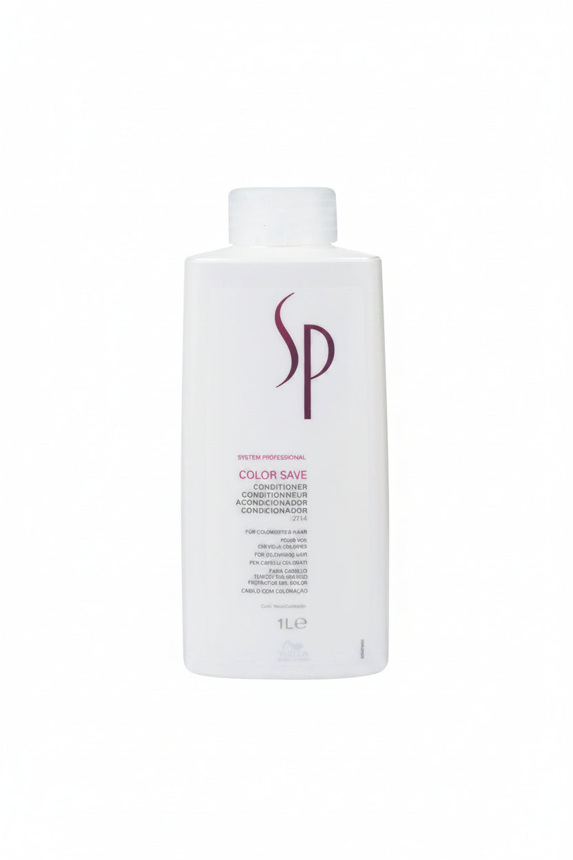 White bottle of SP Color Save conditioner on a white background