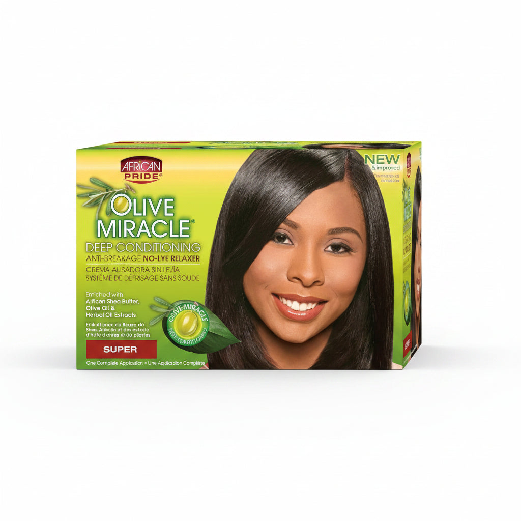 African Pride Olive Miracle hair care product packaging with a woman's face on it.