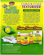 African Pride Olive Miracle hair care product set with text on a green background