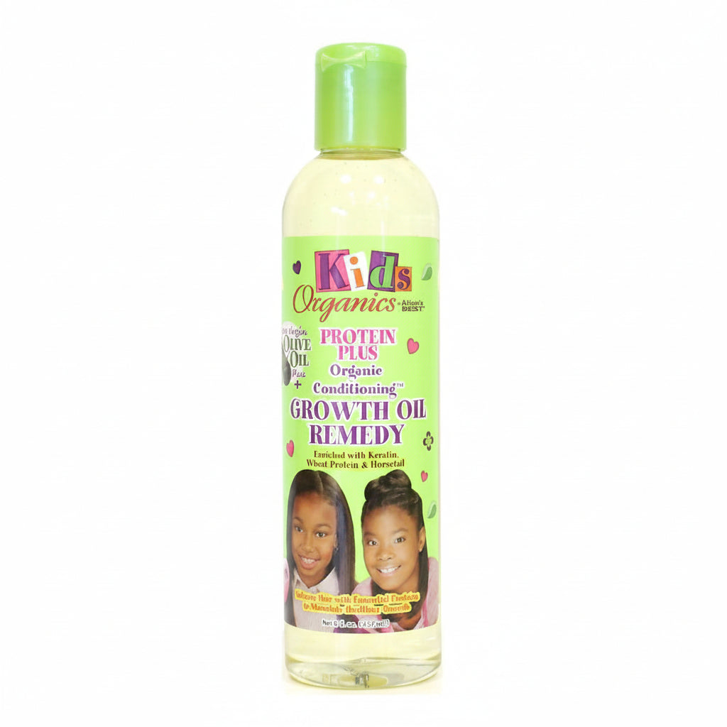 Bottle of Kids Organics Protein Plus Conditioning Growth Oil Remedy on a white background