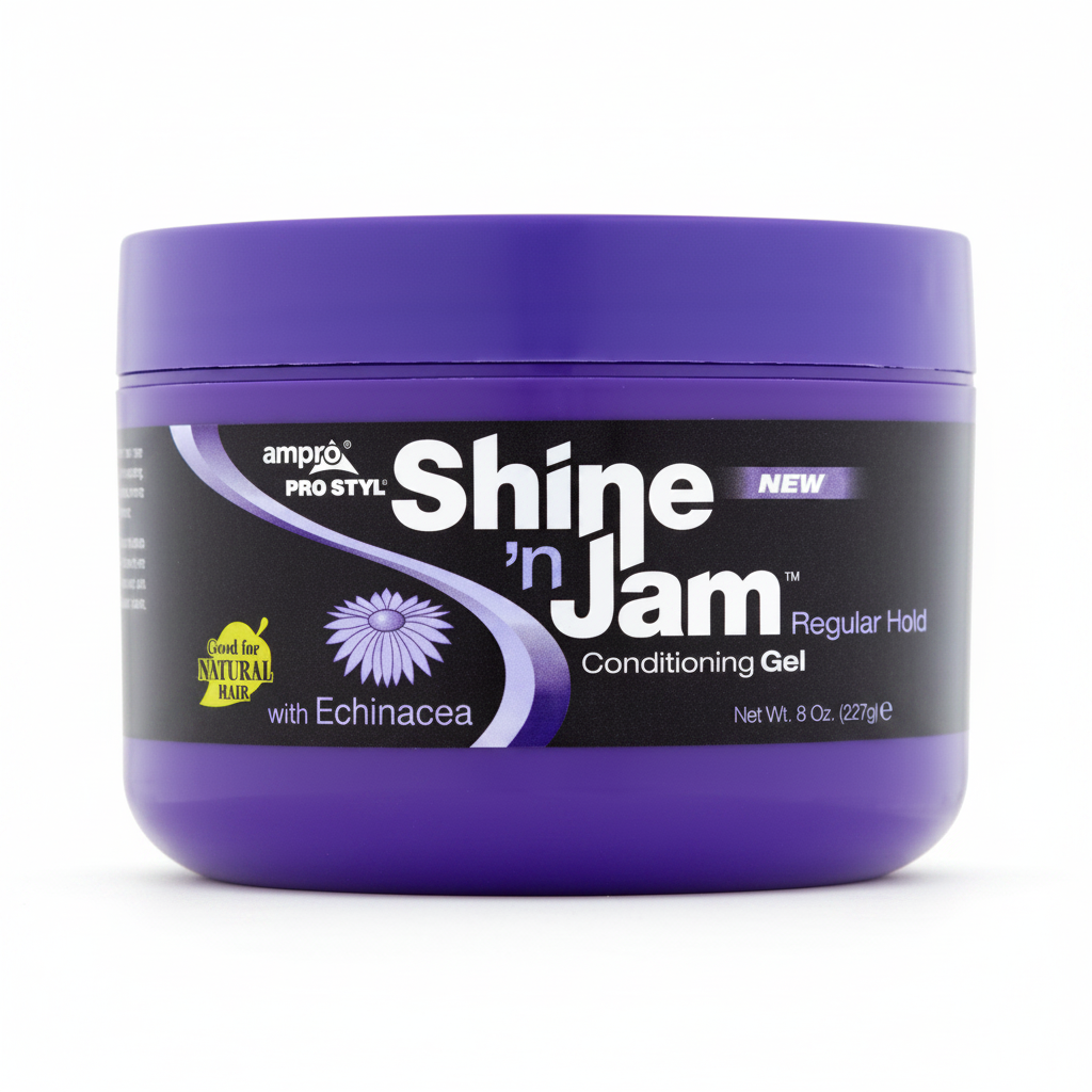 Purple jar of 'Shine 'n Jam' conditioning gel with a black label on a white background