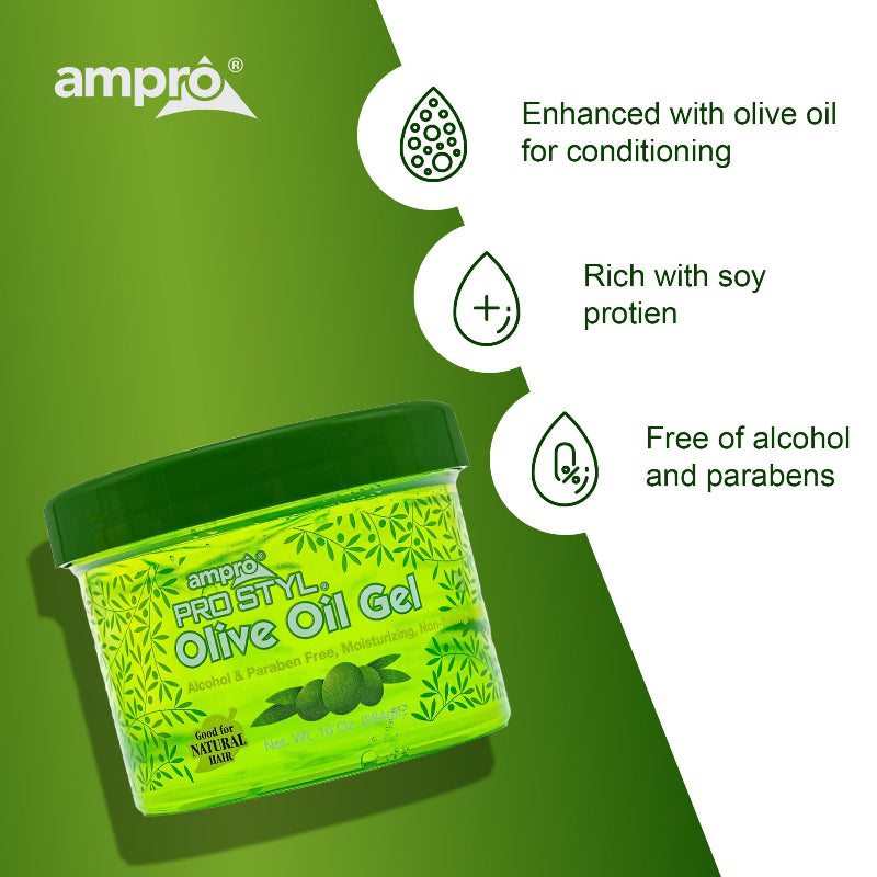 Ampro Pro Style Olive Oil Gel jar on a green background with product features listed.