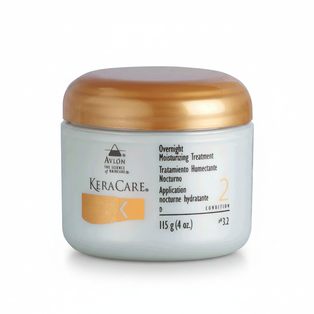 A container of KeraCare Overnight Moisturizing Treatment, 4oz size, with a label that includes the product name and the number 32, indicating the size in milliliters.