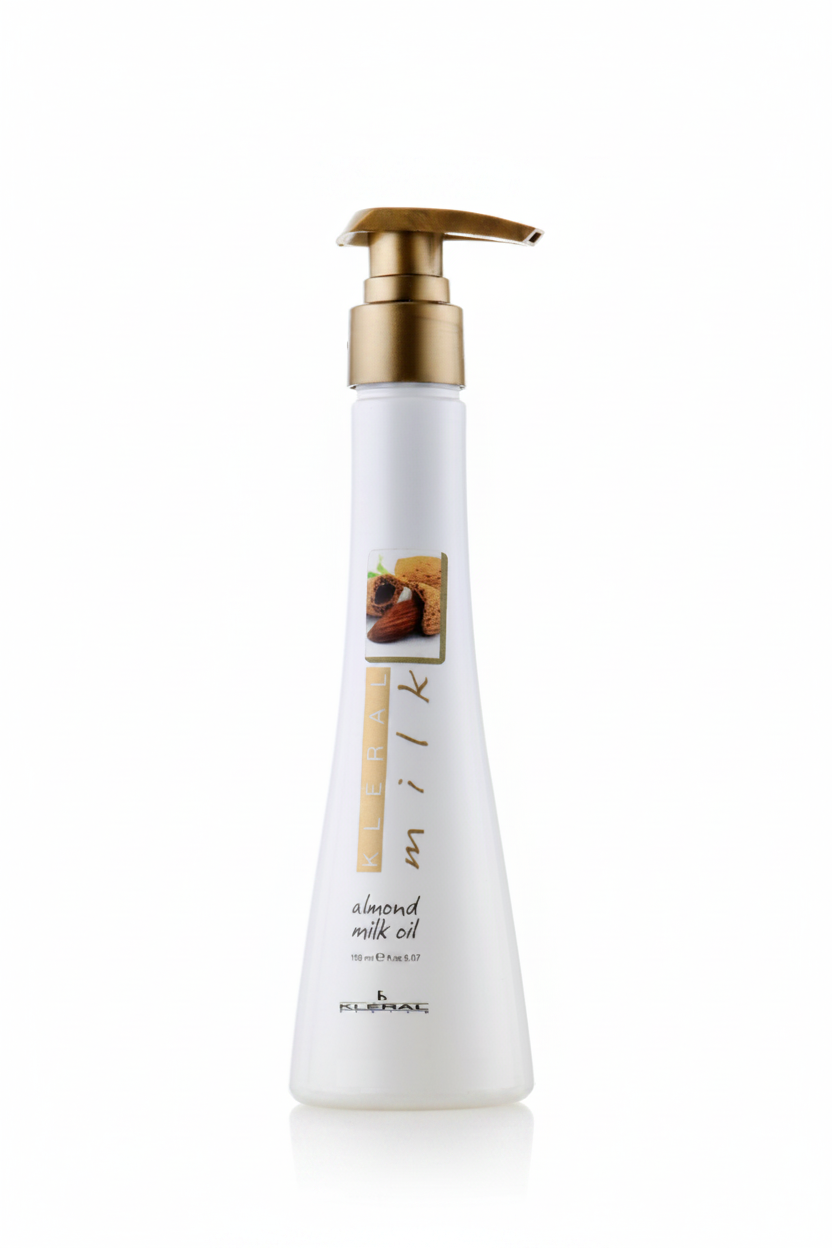 White bottle with gold pump labeled 'almond milk oil' on a white background