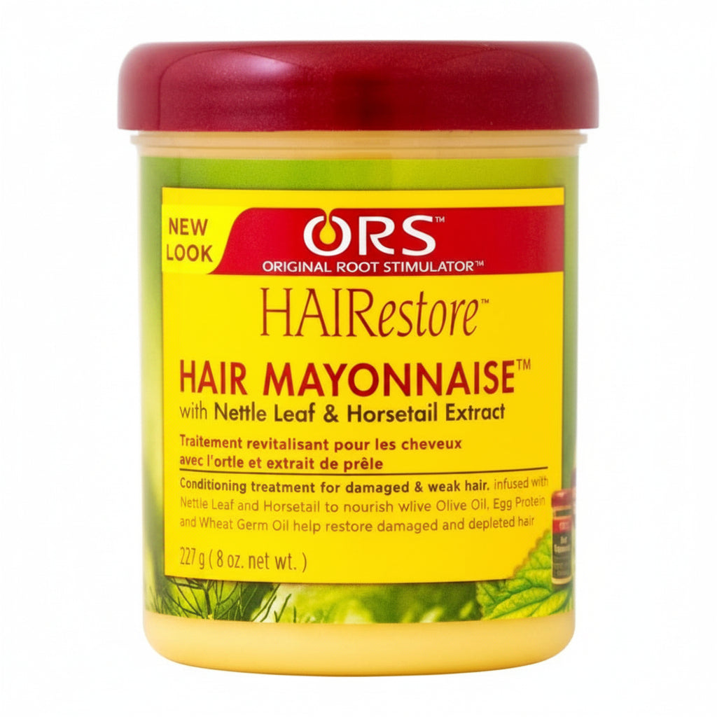 Jar of ORS HairMayonnaise with red lid and yellow label on a white background
