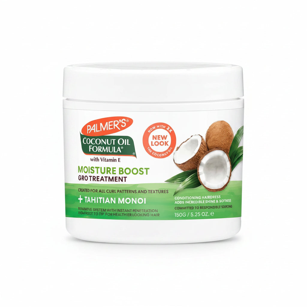 A container of Palmer's Coconut Oil Formula Moisture Boost Gro Treatment with a white background featuring images of coconuts and the text 'Tahitian Monoi'.