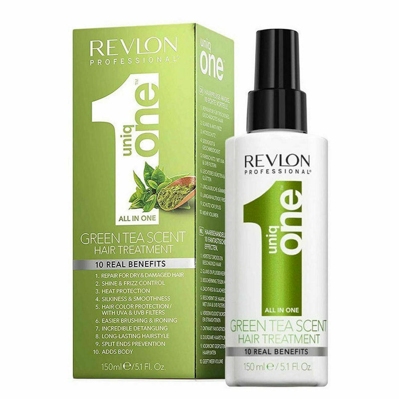 Revlon Uniq One Green Tea Scent hair treatment bottle and packaging on a white background